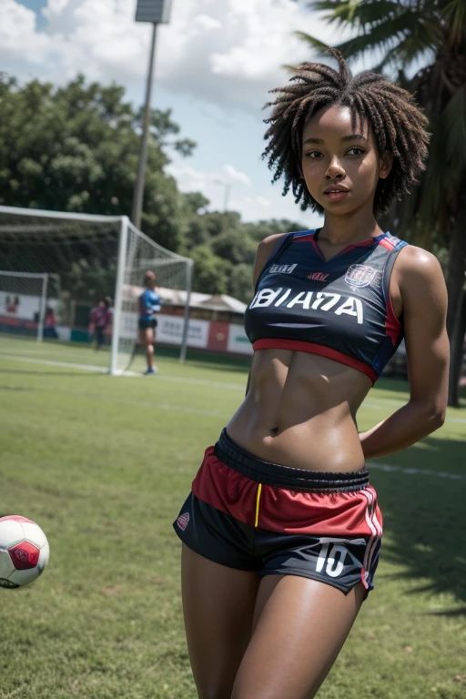 black girl athlete, soccer player, beautiful smile, shirt raised showing lingerie, panties half lowered