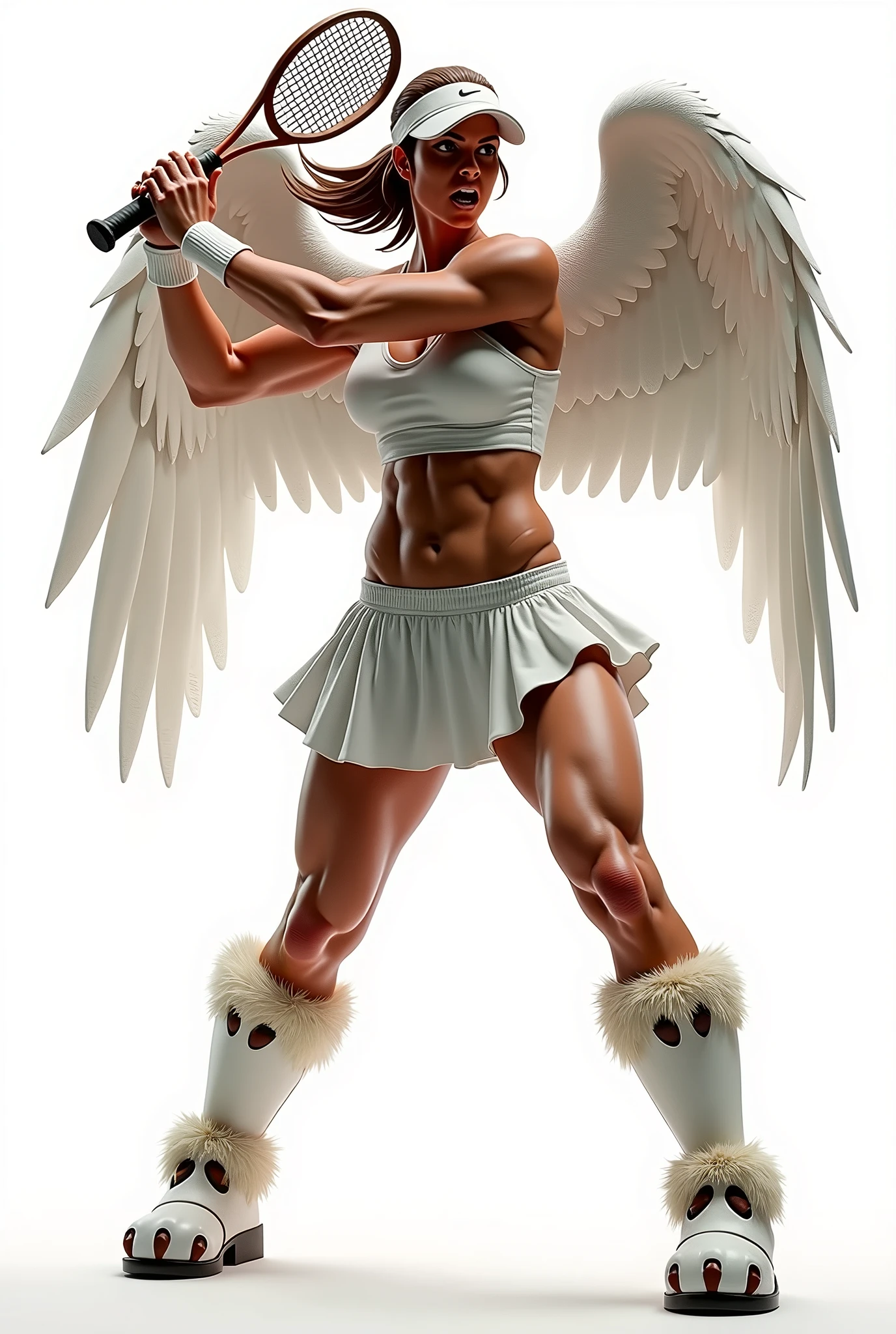 1girl, 15 years old, naked, medium breasts, highly detailed visible chest veins, black hair, long hair, wavy hair, green eyes, athletic physique, bodybuilder veins, highly detailed ripped abs, highly detailed visible abdominal veins, highly detailed visible arm veins, highly detailed hands and fingers, highly detailed visible leg veins, white feathered wings, angel, outdoors, nude