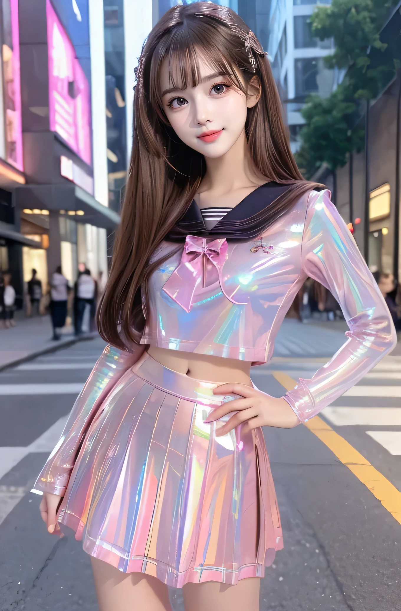 (Very beautiful cute girl), (very cute face:1.2),(baby face),(sparking clear attractive large eyes:1.2), Beautiful detailed eyes, Detailed double eyelids, smiling, (realistic photograph:1.1), in the street,
(super shiny metallic pink transparent holographic sailor high school uniform:1.2),(super shiny metallic pink transparent holographic pleated mini skirt :1.1),
(brown hair:1.2),professional portrait ,costume with very smooth and strong reflective surfaces 