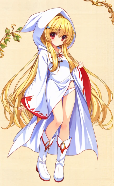 Beautiful long blonde　WhiteMageFFT　 white mage, hood, Robe, (long Robe, knee-length Robe), boots,　whole body　White panties