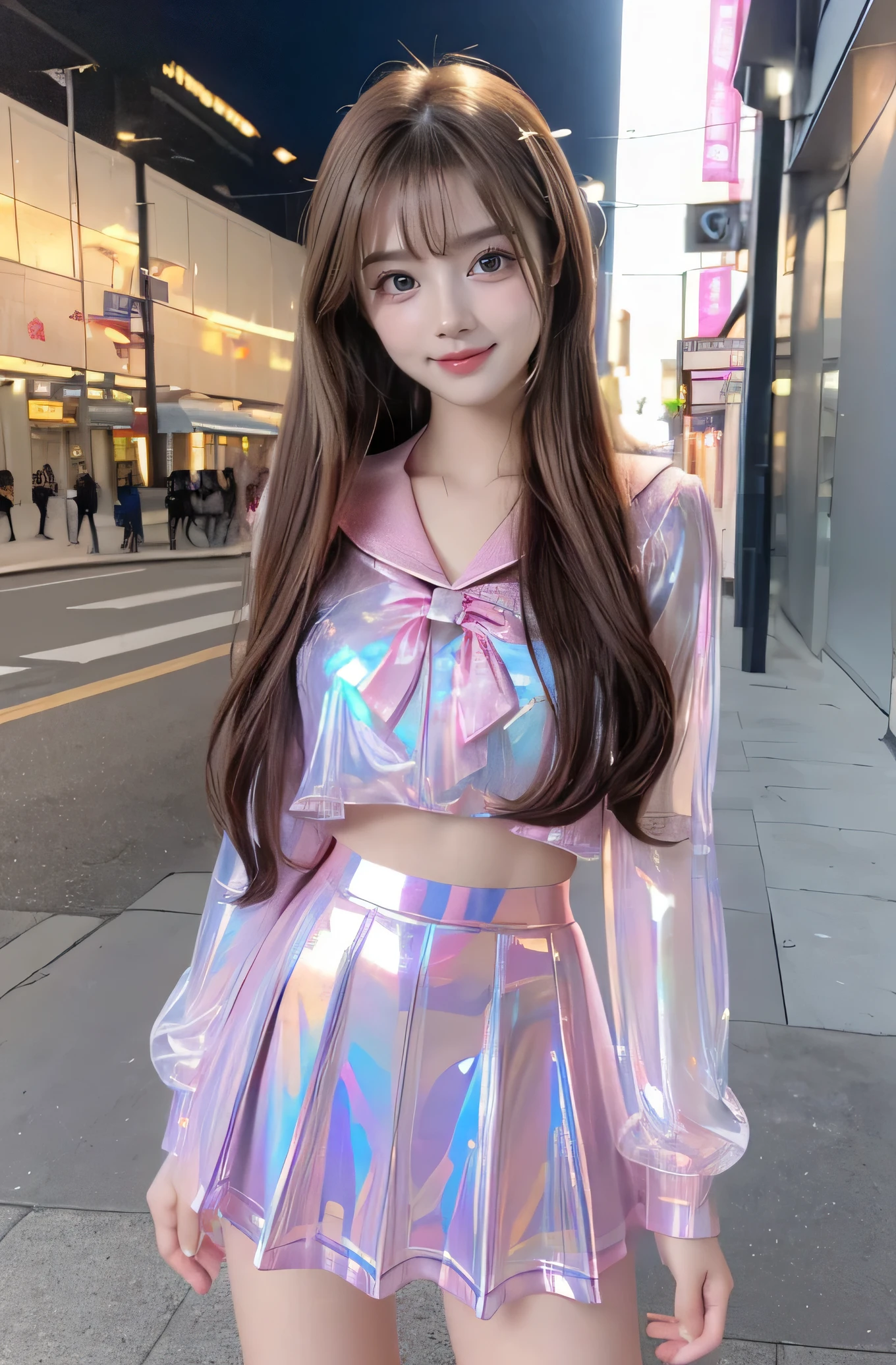 (Very beautiful cute girl), (very cute face:1.2),(baby face),(sparking clear attractive large eyes:1.2), Beautiful detailed eyes, Detailed double eyelids, smiling, (realistic photograph:1.1), in the street,
(super shiny metallic pink transparent holographic sailor high school uniform:1.2),(super shiny metallic pink transparent holographic pleated mini skirt :1.1),
(brown hair:1.2),professional portrait ,costume with very smooth and strong reflective surfaces 