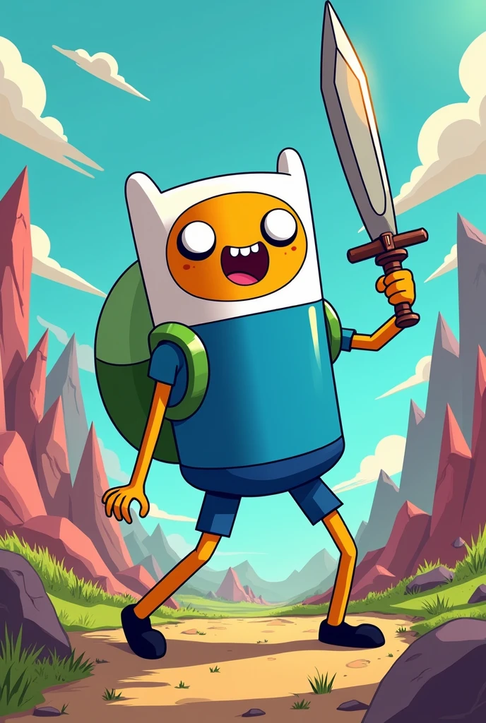duracel battery with arm and legs holding a sword in adventure time style