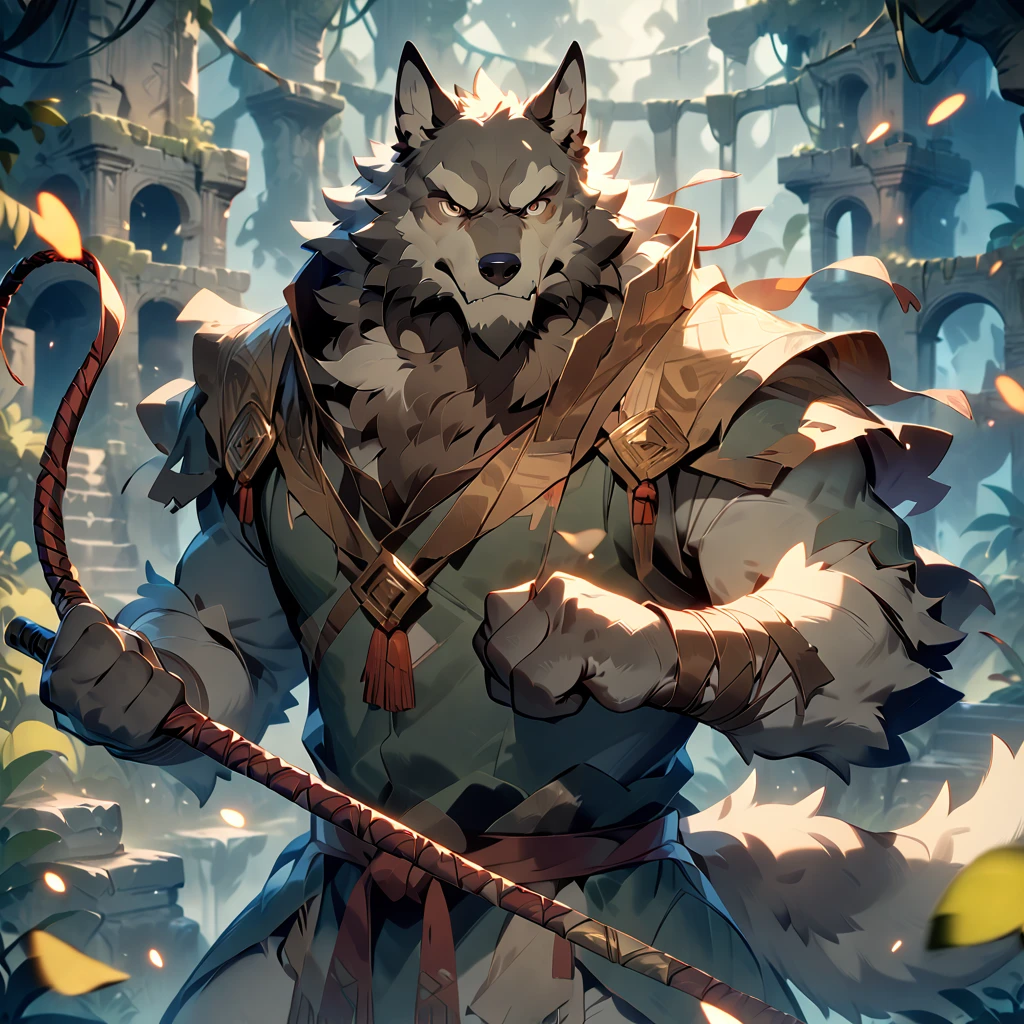 masterpiece, best quality, very aesthetic, absurdres, BREAK [face:full body:10], looking away, dynamic angle, summoner, plump middle-aged wolf man, fluffy body, tail, brown eyes, beautiful beard, male face, big face, square jawline, male eyes, sharp eyes, big eyes, male eyebrows, innocent look, BREAK whip, Shaping 
animals  spirit, dynamic pose, BREAK [simple background::12], starry sky,  jungle ruins, outdoor,  