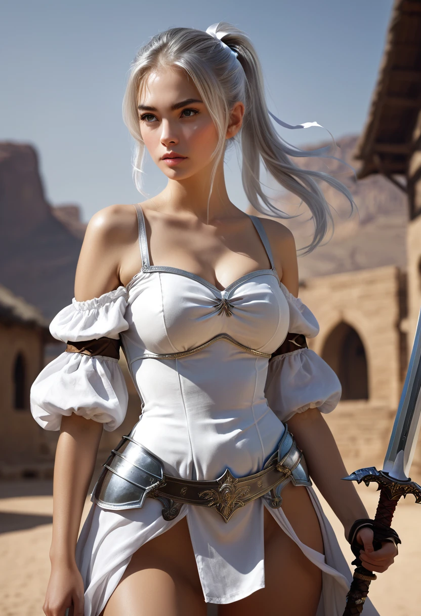 (((((silver hair)))), masterpiece, best quality, high resolution, illustration, an extremely delicate and beautiful, cowboy shot, )))), 1girl, ponytail, huge breasts,  (((white ribbon, armord dress , silver armor , off-shoulder armor, sword))), slender face,