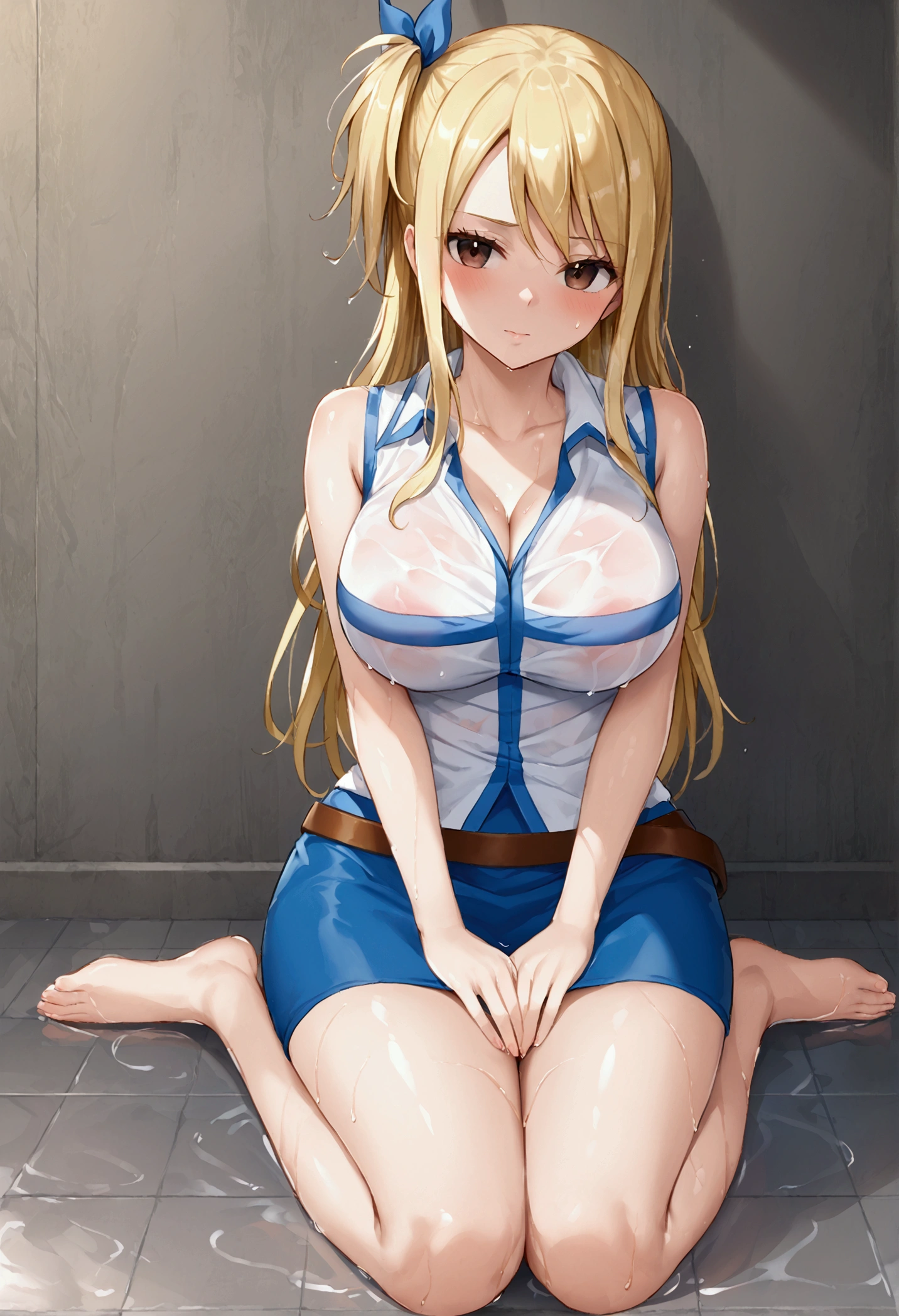 aaLucy, hair ribbon, side ponytail, blonde hair, long hair, large breasts, white shirt, sleeveless, belt, blue skirt, blushing, Shy, seductive pose wet with sweat, sit, seductive face, Direct view, looking at viewer, full body