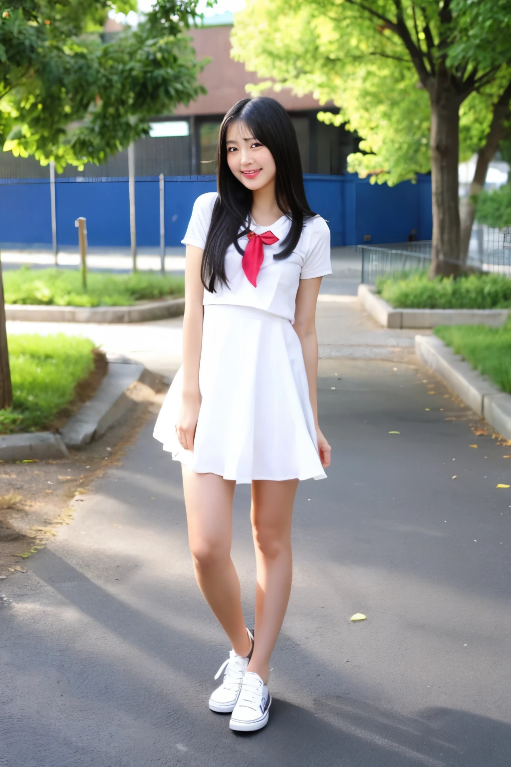 High school girl standing in the woods、Cute Face、Summer uniform、miling、Full body portrait