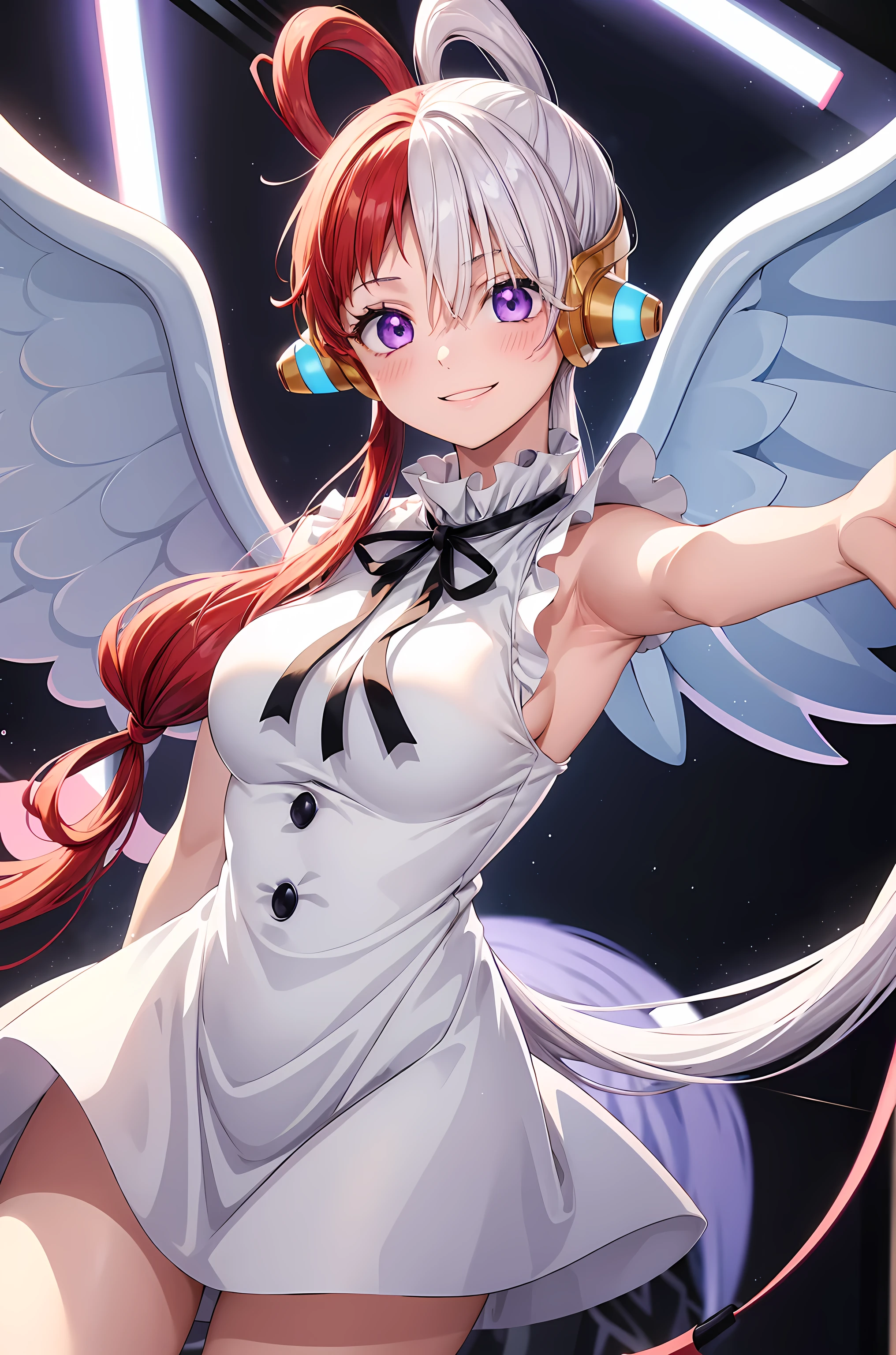 masutepiece、Best Quality、hight resolution、tre anatomically correct、((stage))、microphone、((live))、dance、white dres、Black ribbon at chest、a miniskirt、(Vibrant colors:1.2)、(masterpiece:2.0)、onepiece、Uta、blanche、left red hair、right gray hair、Not wearing pants、divine spirit、Flushed cheeks、a smile、Beautiful girl in every detail、Body shining with sweat、Wet、Seductive thighs、sexy pose、Hair above one eye、(frombelow:1.5)、Pussy、Female genitals、vaginal、Intravaginal、Expansion、You can see inside the skirt、((Female genital exposure))、Lit up、(pointy tits:1.6)