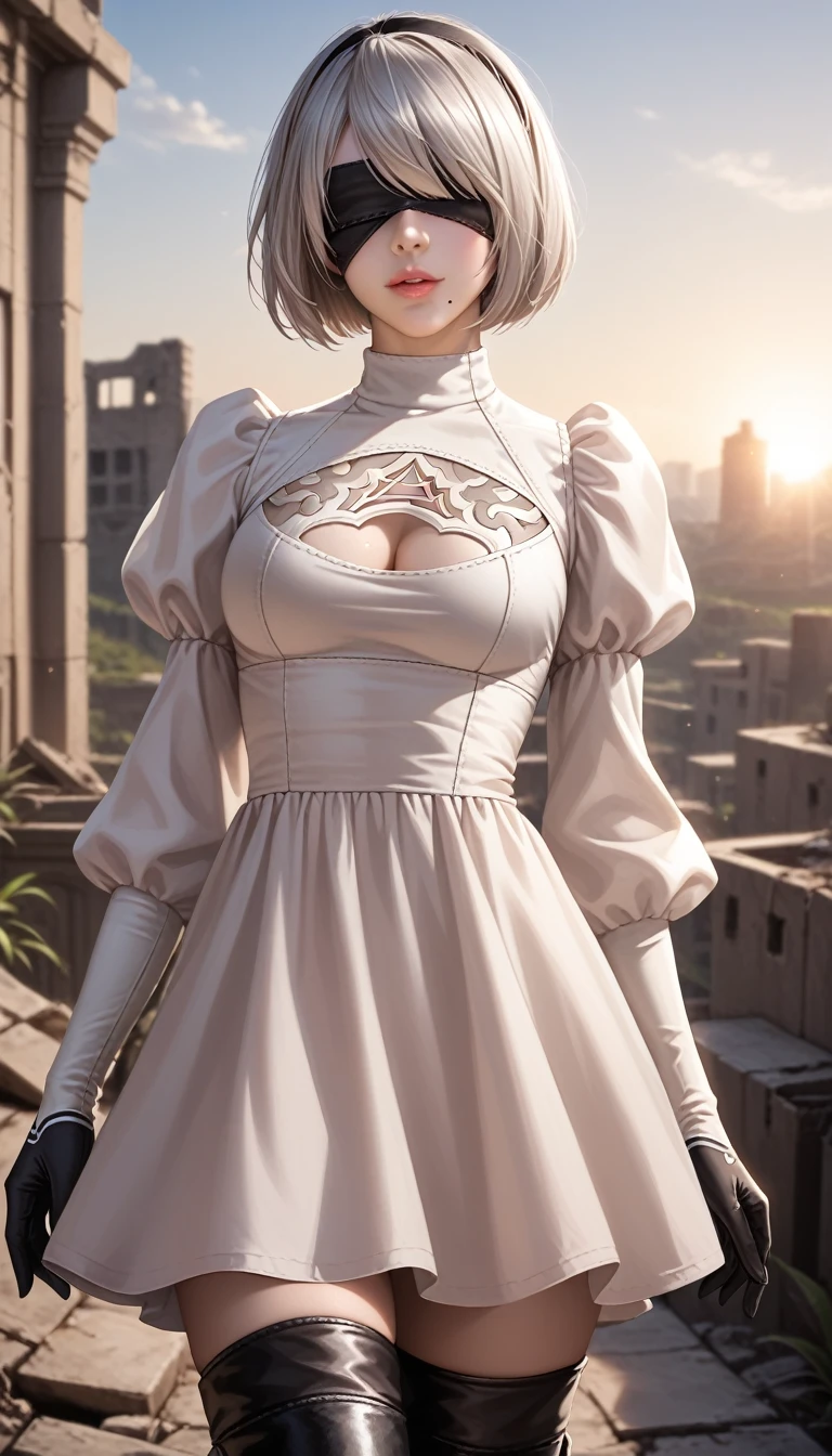 score_9, score_8_up, score_7_up, 32k,masterpiece, highest quality, 
photo realistic, vibrant colors, chiaroscuro lighting, cinematic lighting,
1 woman, inspired 2B nier automata,
bob cut, gray hair, bangs ,mole under mouth, blindfold, pink lips, 
nier dress, cleavage cutout, black leather boots, 
ruins, a ruined world, a devastated battlefield, picturesque, beautiful scenery, fantastic night sky,
seductive pose, cinematic angle,