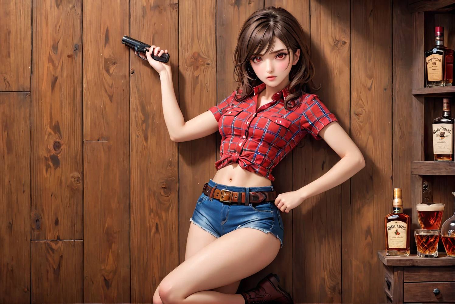 (((１By people))),(((Female Gunfighter:2.0))),(((NSFW:0.5))),(((Wearing denim hot pants:1.5))),(((Wear a red checked short-sleeved collared shirt:1.5))),(((Wear a gun belt with a holster:1.8))),,((Put the watch on your wrist:1.5))),(((Exposed thin inner thighs))),(((Small breasts:1.5))),(((Navel exposed:1.5))),(((Bare arms))),(((Put on your boots:1.5))),((Blushed:1.8)), Beautiful details, Very detailed目と顔, 緻密でBeautiful Eyes, Very detailed, High resolution, Best Quality, masterpiece, Very detailed, 8K wallpaper, wonderful, finely, Best Quality,(Standing in front of a wooden wall),Beautiful Eyes,((Engage your audience:1.2))),((Drinking whiskey:1.0)),(((Frightened face:1.5)))