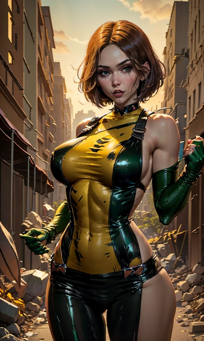 vampires, rogue x men, short hair, wearing a LINED SWIMSUIT, SLEEVELESS OVERALLS, STRIP BODYSUIT, BELLY ON EXPOSURE, CAMEL FINGER, Big breasts, MARKING NIPPLES, cleavage on the breasts, YELLOW-GREEN clothes, GIANT BLACK COVER, in the middle of ruins, short hair,