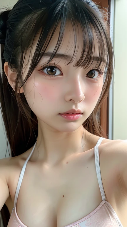 Highest quality, RAW Photos, Realistic, face, Incredibly beautiful girl, cute, length Hair,ponytail，Written boundary depth, High resolution, 超detailed, detailed, Very detaileded, extremely detaileded eye and face, Sharp pupils, Realistic students, Sharp focus, Cinema Lighting, Japanese, Short Woman,  Physical build, Short arms, length, Narrow eyes, Fleeting atmosphere, 10 years old, Brown Bob Hair, ((thin唇)), White top and bottom underwear, masterpiece, Highest quality, detailedな肌, detailedなface, fine grain, 8K, Excellent anatomy, Upper body portrait，flat breasts, small breasts, small,( small bust: 1.2), small bust, (slim, small, flat, small), thin, Delicate and sexy collarbone, One Girl, (beautiful girl, Delicate girl:1.3), (10 years old:1.3),
