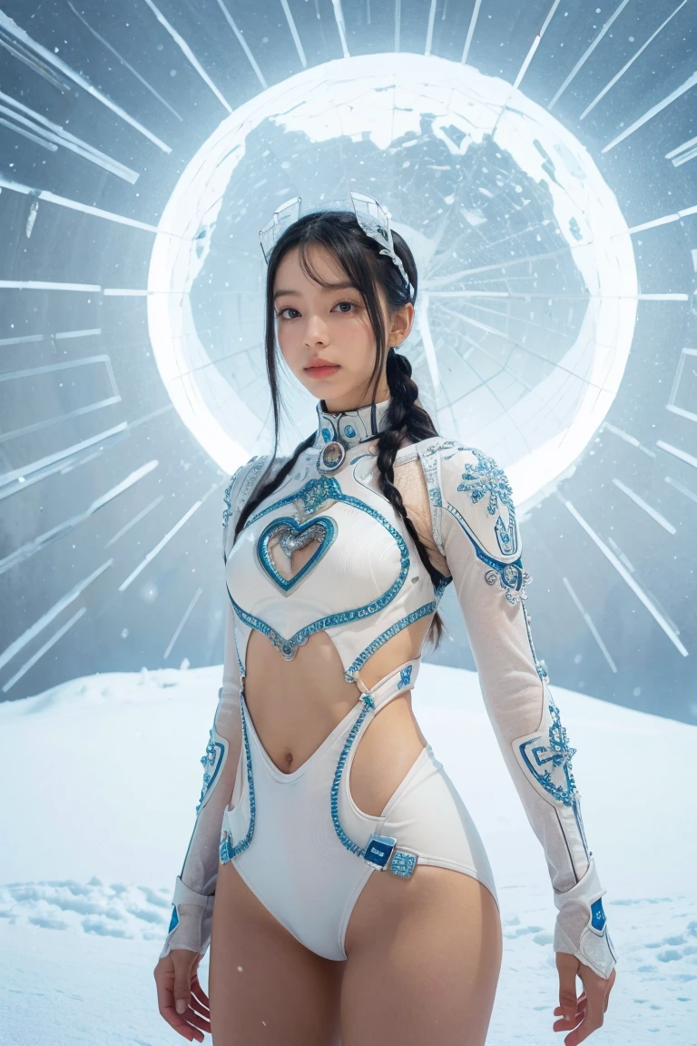 1 girl, Lovely, Ice and Snow World, alone, skinny, wind, Mecha suit, whole body, pretty face, Decorated with intricate patterns and delicate lines, Mecha suit, tan skin, dark skin, 