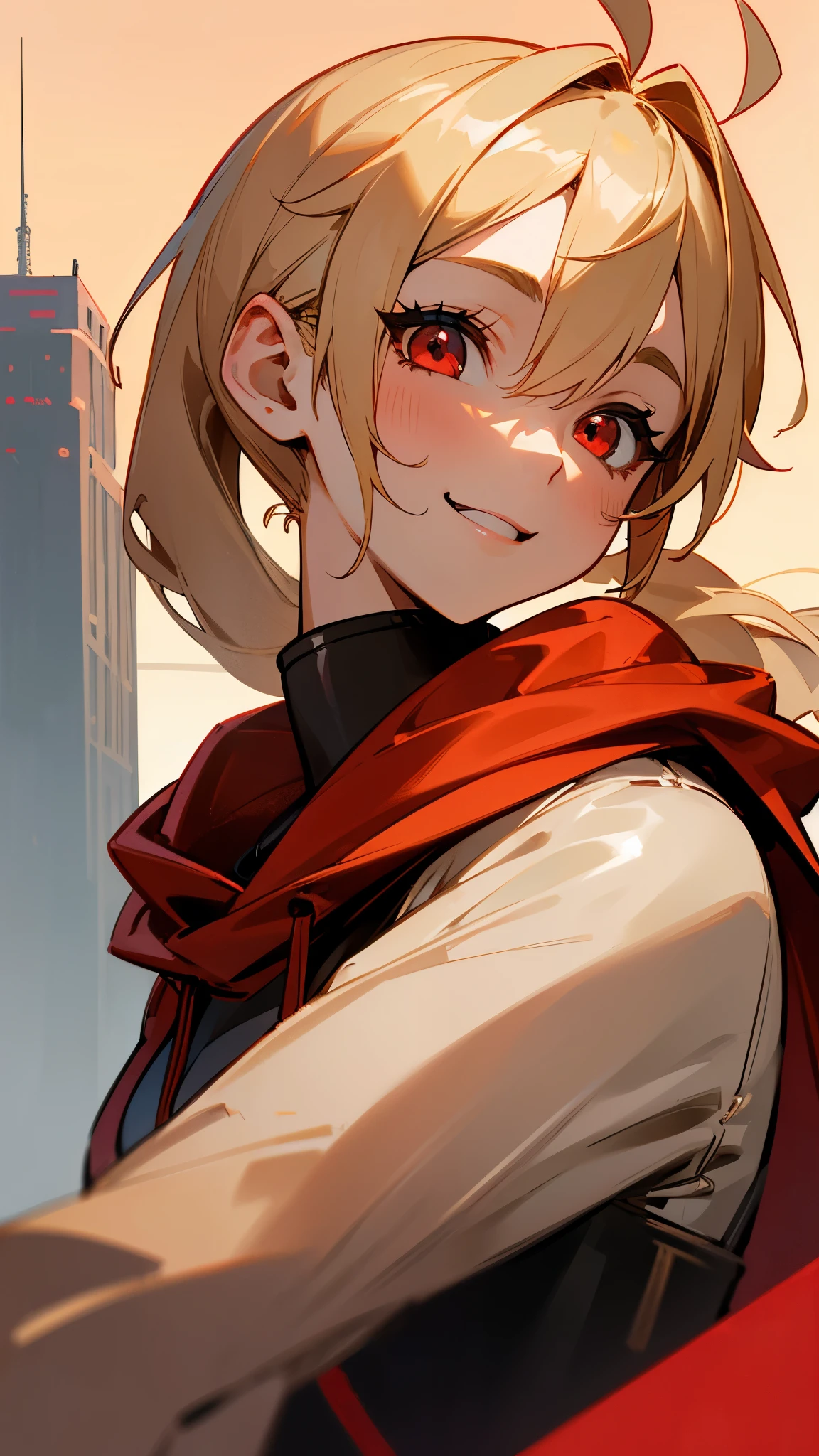 Anime girl with blonde hair and red scarf in front of a city - SeaArt AI