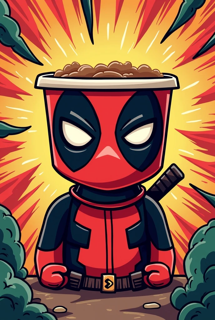 Deadpool with a watermelon helmet on his head and a thermos and tie