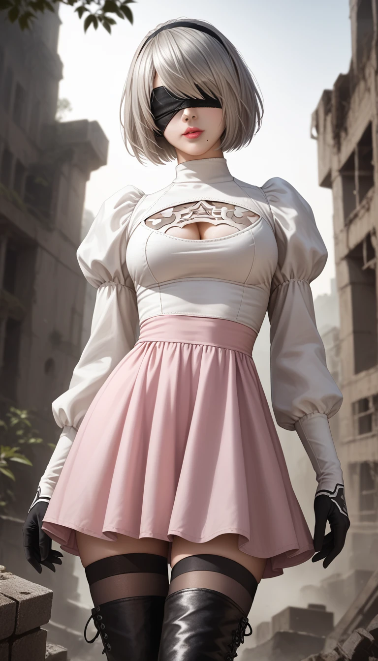 score_9, score_8_up, score_7_up, 32k,masterpiece, highest quality, 
photo realistic, vibrant colors, chiaroscuro lighting, cinematic lighting,
1 woman, inspired 2B nier automata,
bob cut, gray hair, bangs ,mole under mouth, blindfold, pink lips, 
2B skirt, nier dress, cleavage cutout, skirt, thighhighs under boots
ruins, a ruined world, a devastated battlefield, picturesque, beautiful scenery, fantastic night sky,
seductive pose, cinematic angle,