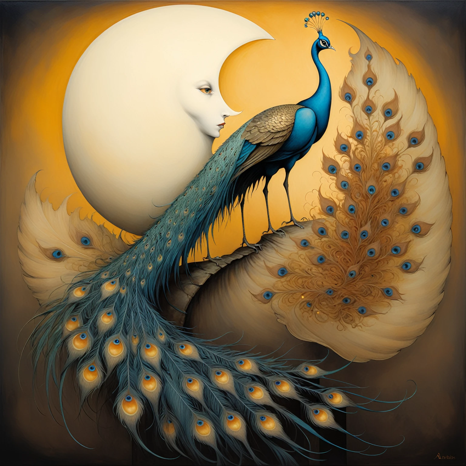 Patchwork by Esao Andrews, Michael Parkes, Aubrey Beardsley, Leonora Carrington, a surreal painting depicting of a moon peacock spreading its tail, on the peacock's tail are brightly colored patterns resembling a multitude of eyes, each watching the world around it. The light is soft and diffused, creating subtle shadows. The overall mood is otherworldly and enchanting, with a sense of pathos reminiscent of a celestial being or deity. Aesthetic surrealism, oil painting, whimsical contrast, surreal elements, use colors: Sepia, Neapolitan yellow, hematite, sienna burnt, carmine natural, cobalt green light, cobalt blue, and a bright gold for the outlines