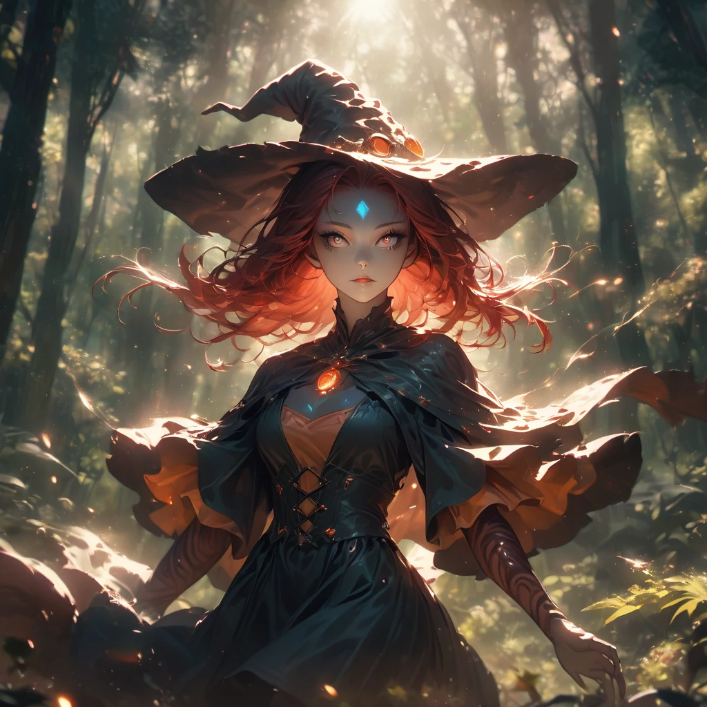 a feline woman with cat-like features, witch outfit, beautiful detailed eyes, beautiful detailed lips, extremely detailed face, long eyelashes, floating magic particles, red hair, flowing dark dress, dark smokey eyes, porcelain skin, sunlight streaming through trees, lush forest background, warm color palette, cinematic lighting, 8k, high quality, detailed, photorealistic