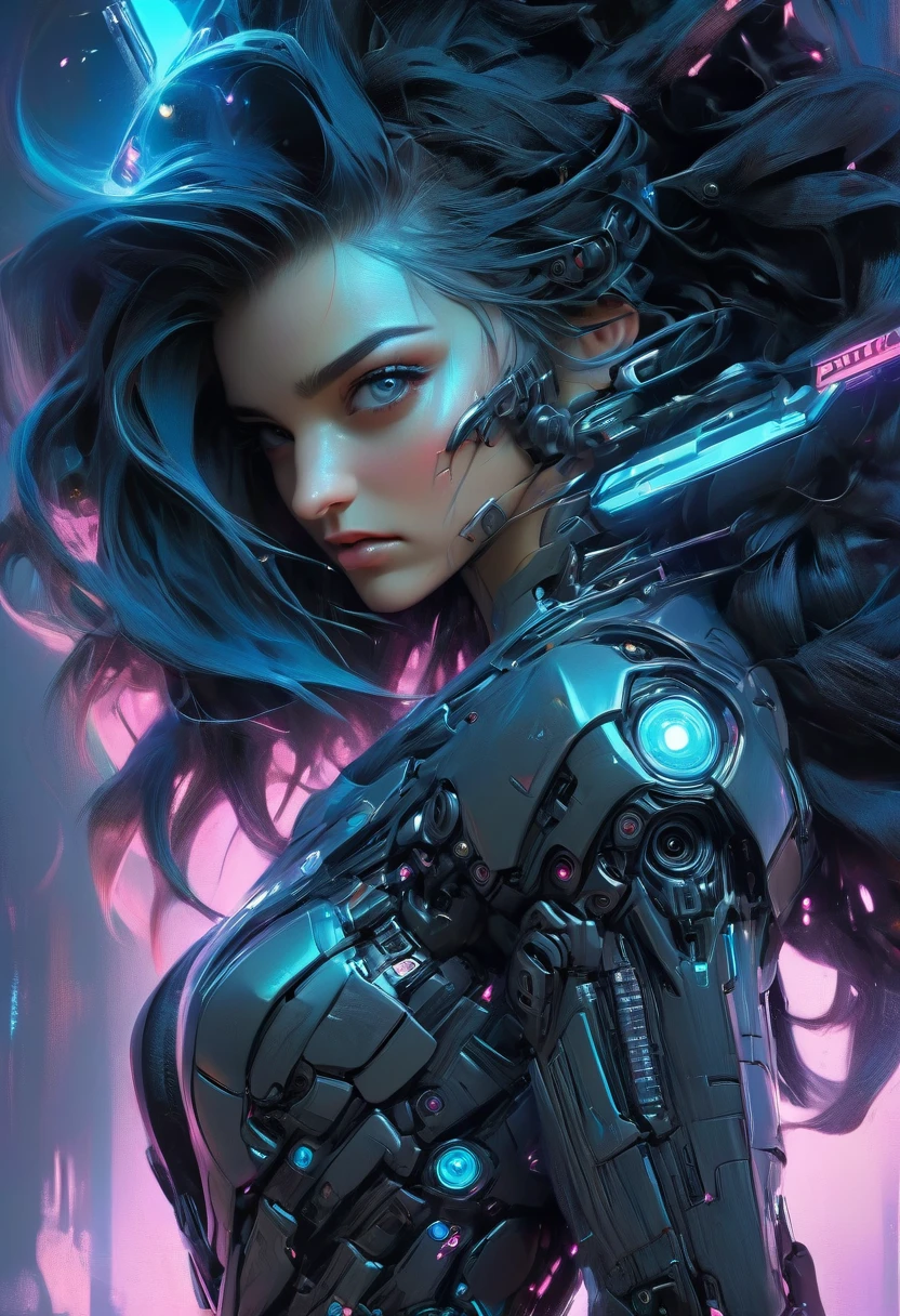 A woman wearing exoskeleton cyber armor, The armor fits snugly、((She has a plasma gun in her hand)), Full body photo, Maximum details, Superior quality through precise drawings, 8k,chest, blue eyes,  High resolution, 超High resolution, Best Quality, Shortcuts, Big chest, Cinematic Lighting Effects, Futuristic beautiful black hair woman, Shining blue eyes, Cyberpunk style woman, ((High tech spaceship interior with blue light illumination)), High-quality images、Black Hair, Shortcuts, Bob Hair, Very short hair, Cinematic light effects, Reflected Light, Futuristic, Punk style woman, 