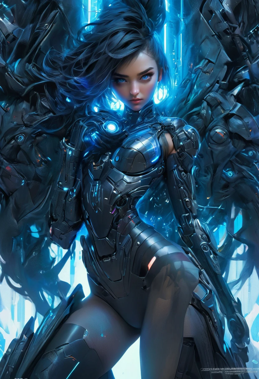 A woman wearing exoskeleton cyber armor, The armor fits snugly、((She has a plasma gun in her hand)), Full body photo, Maximum details, Superior quality through precise drawings, 8k,chest, blue eyes,  High resolution, 超High resolution, Best Quality, Shortcuts, Big chest, Cinematic Lighting Effects, Futuristic beautiful black hair woman, Shining blue eyes, Cyberpunk style woman, ((High tech spaceship interior with blue light illumination)), High-quality images、Black Hair, Shortcuts, Bob Hair, Very short hair, Cinematic light effects, Reflected Light, Futuristic, Punk style woman, 