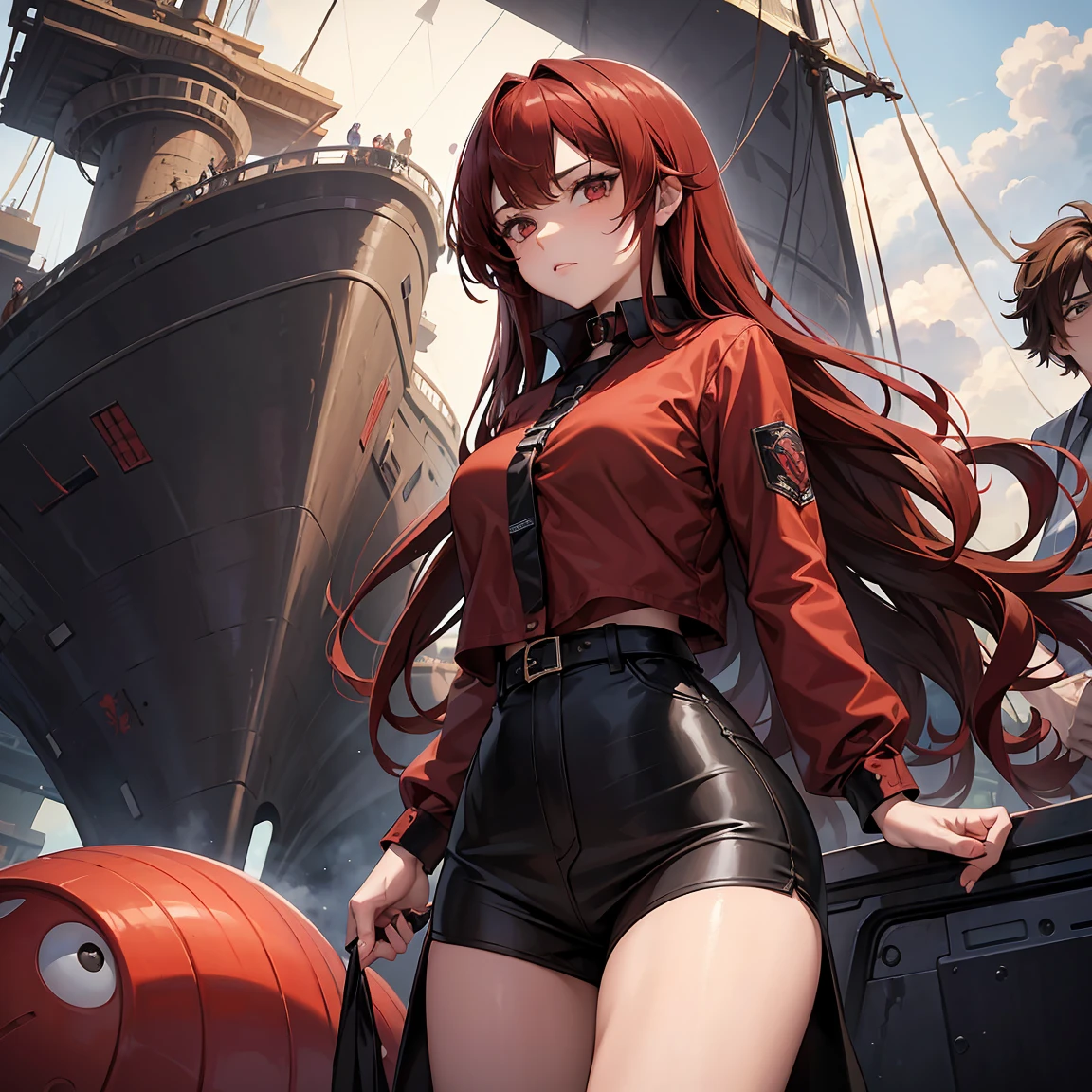 2 character, a man with very short wavy brown hair and a girl with long red hair, the man is wearing black bad boy clothes and the girl is wearing a shirt that hits her thighs, they are in a spaceship, in the background behind the ship there is a kraken.