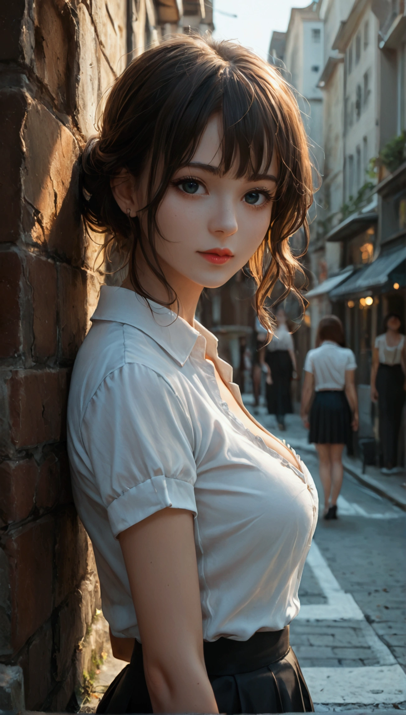 score_9, score_8_up, score_7_up, 1girl, beautifull face, beautifull eyes, fluffy long hair, medium breast, cleavage, black skirt, short skirt, white shirt, short sleeves, fullbody view, looking at viewer, on street, high detailed skin, detailed background, 8k uhd, dslr