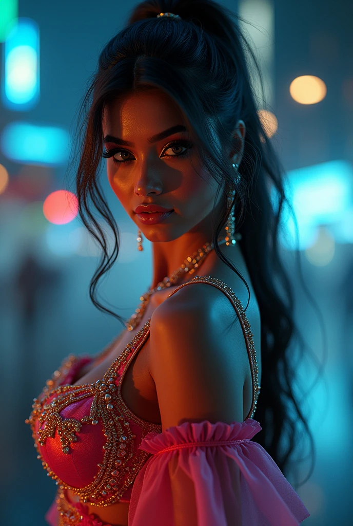 a photo of the beautiful Prianka Chopra, wearing red lipstick, (long black hair), wearing tight blue dress, full body, sunset, the city of Atlanta in the background, style of (Steve McCurry), Nikon Z FX device, EF 70mm lens, cinematic lighting, studio context, long exposure style, long shot type, vibrant color scene, photorealistic, intrinsic, beautiful face, ultra-detailed face, perfect body, whole body, flawless, realistic, highly detailed, art station, trendy, masterpiece, realistic face, realistic skin, detailed eyes, great art, render ultra realistic n-9, 4K, 8K, 16K, 20K, HDR, UHD, 64K, perfect lighting, studio lighting, photorealistic, hyper realistic, symmetrical face, Unreal engine, bokeh, high resolution scanning, professional photography