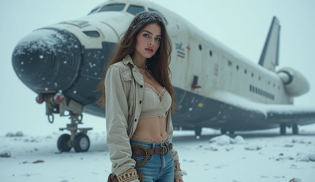 (masterpiece.Uhd.photorealistic) apocalyptic ultra hot gorgeous European woman. Age 23.epic cleavage. (100 DD size). Voluptuous hourglass body. Gorgeous face. Full lips. Sensual pose. standing in the snow next to a giant shuttle . BREAK
Perfect anatomy.
perfect hair.
perfect breast.
perfect body.
perfect hands.
perfect face.
perfect eyes.
accurate. Perfect nipples.
anatomically correct.