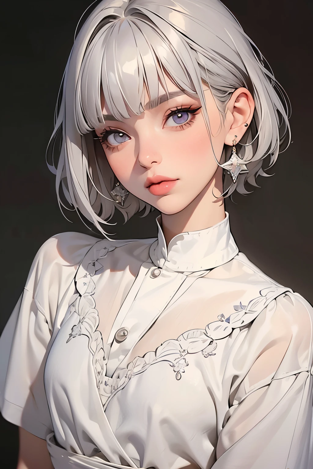 (Best Quality, masterpiece), One girl, beautiful girl, brown_eye, ((hair color [Silver hair], [Pixie cut with bangs] hair)), Earrings, lips, Short sleeve,Realistic, Small waist, Charming, Colorful Makeup, Long eyelashes, White skin, (cute), (Detailed face), 詳細ed eye, Detailed iris, 