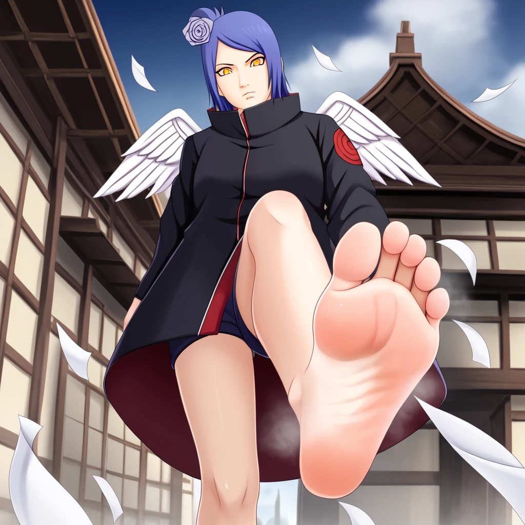 The woman \(Naruto\), Alone, 1girl, closed_mouth, akatsuki outfit, (akatsuki outfit:1.1), flower, hair flower, (orange eyes:1.2), black coat，Alone，Village in Japan，Konoha Village，ruins，Contempt，Dark gray blue hair，Wings made of many pieces of paper，Paper Angel Wings，Many white papers falling from the sky，Soles出汗，barefoot，Perfect feet，水从Soles滴落，Steam around feet，Five toes per foot，Low Angle，front，Soles，One-leg stand，Lift one foot，Foot Focus，high resolution, Anatomically correct, Focal length 35mm, 