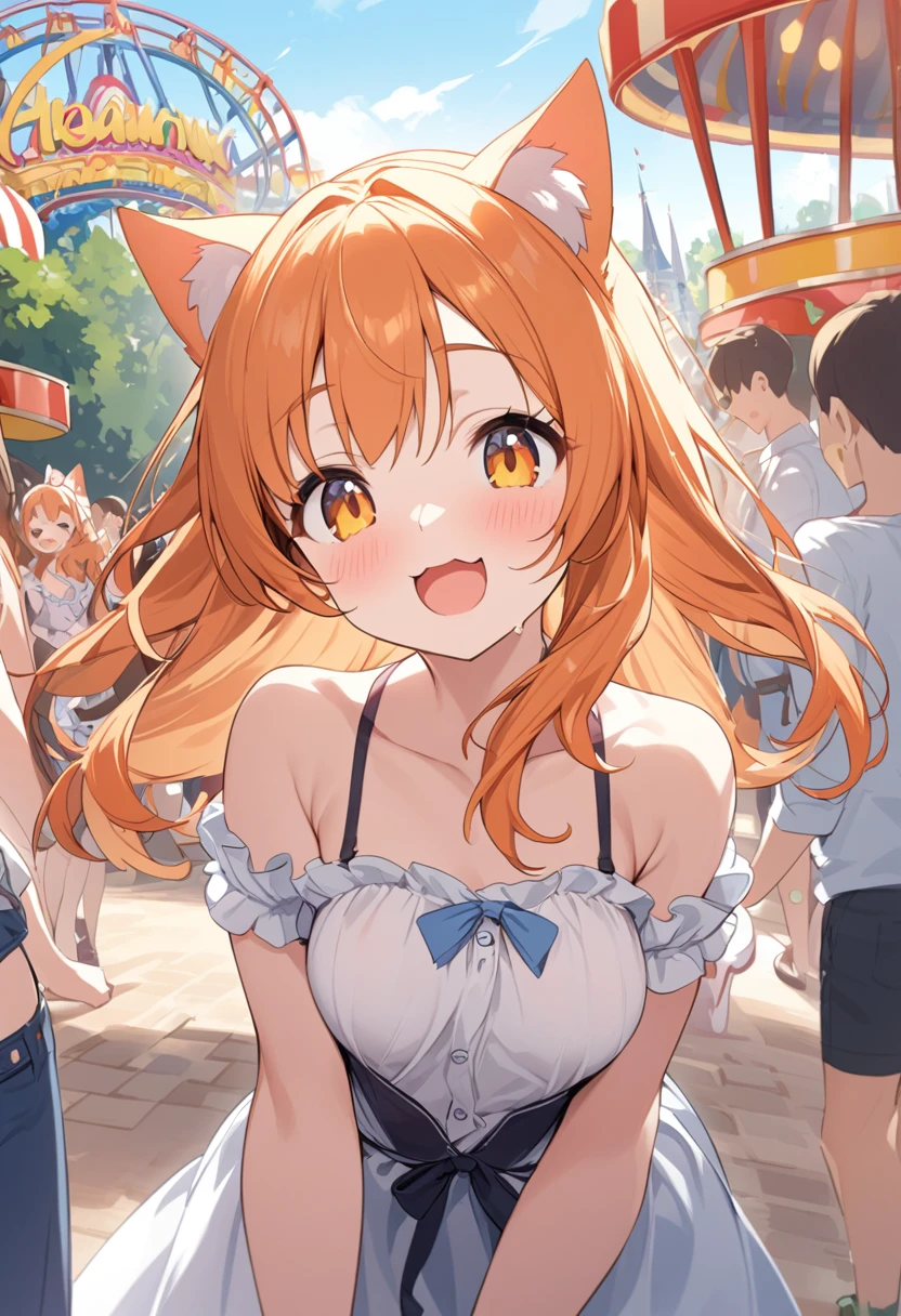 Viewer discretion advised、Young girl、Very cute、small、Firm breasts、Orange Hair、High Quality Backgrounds、amusement park、Cheerful attitude、cat ears、cat&#39;S-tail、An innocent smile、naked、Spread your legs、open nippules