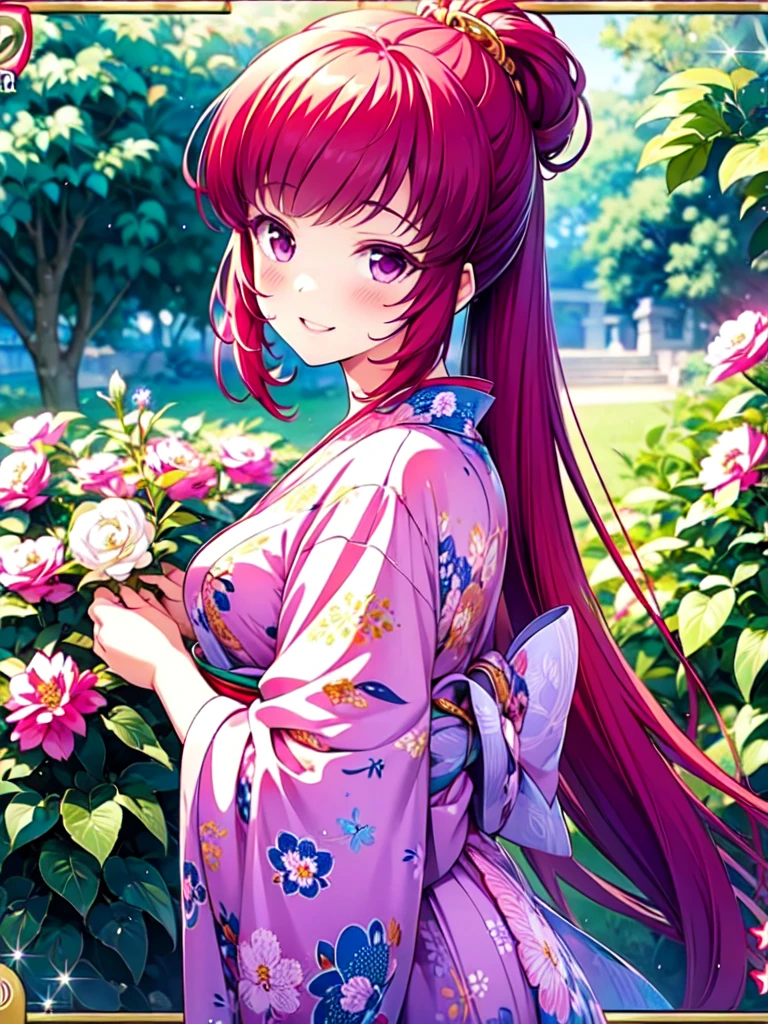 Best Quality、(Anime illustration style:1.3),High resolution、whole body、Standing、garden、One Girl、asamikei, Long Hair、 medium-violet-red Hair、Beautiful and attractive magenta eyes、smile、Very detailedな顔、Mouth closed、Pink kimono、Yukata、1 girl、beautiful eyes, Sharp pupils, Realistic student, Depth of the written border, bokeh, Sharp focus, (Very detailed, bloom, Shine:1.5)、(Genuine、Realistic、Realistic)、High resolution、超High resolution、Ultra-fine painting、Cowboy Shot