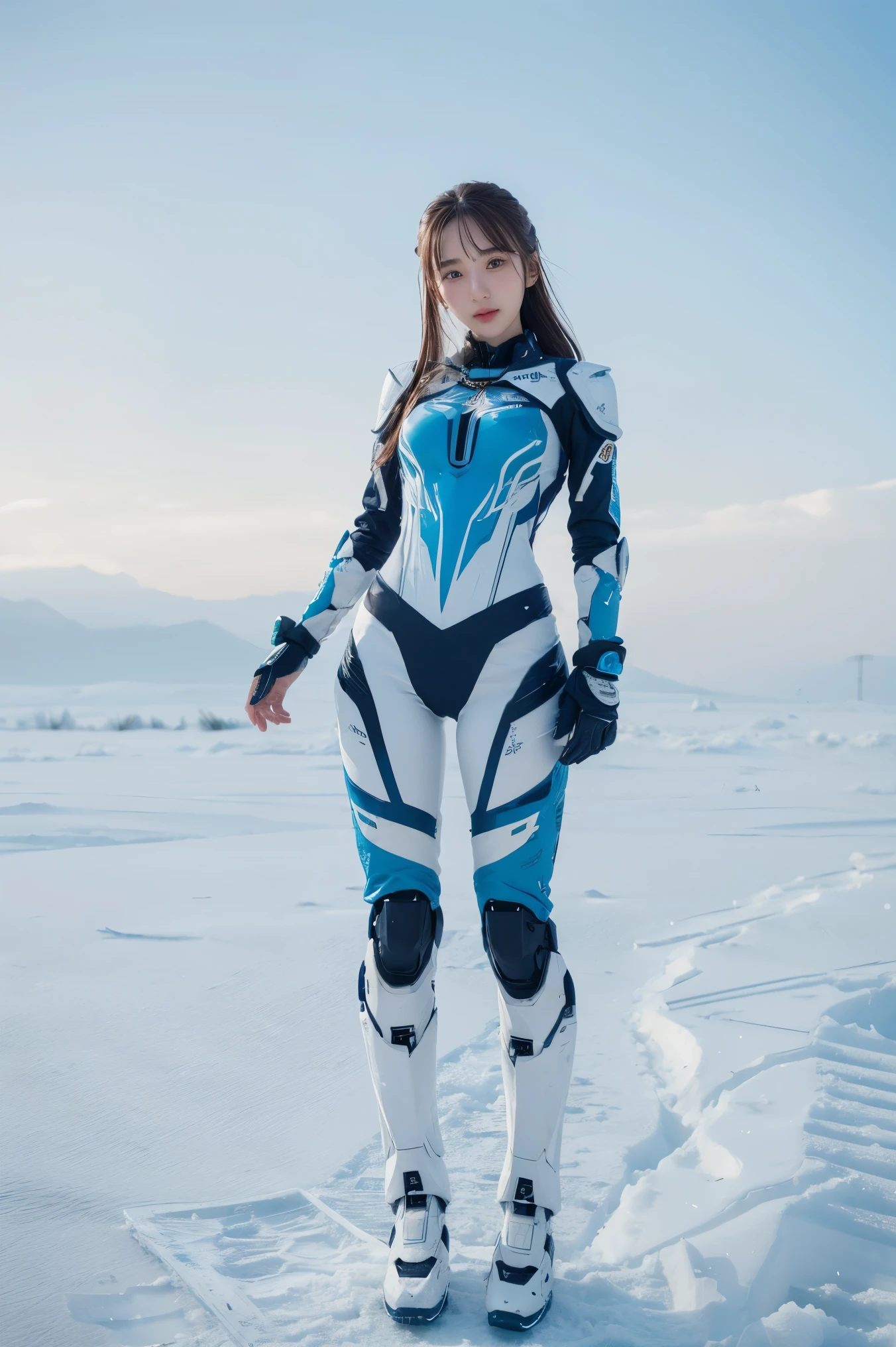 1 girl, Lovely, Ice and Snow World, alone, skinny, wind, Mecha suit, whole body, pretty face, Decorated with intricate patterns and delicate lines, Mecha suit