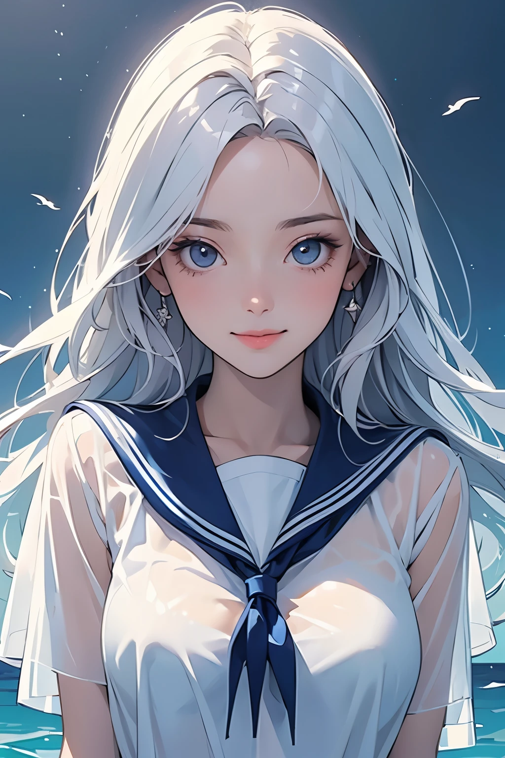 (see through:1.3),white seraph,sailor suit, white theme,, sailor suit, look at viewer, madness, long messy hair, Beautifully detailed eyes,I shine,Dramatic angle,blue sailor collar, perky breasts,smile softly,Some underwater pictures...