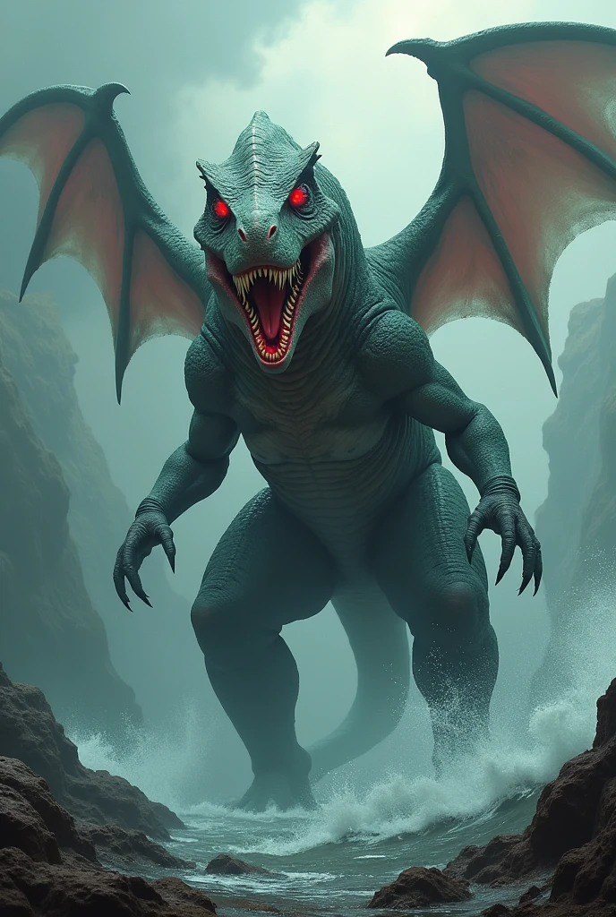 Gigantic dangerous and mythical cross of muscular dragon with big goat with scary background