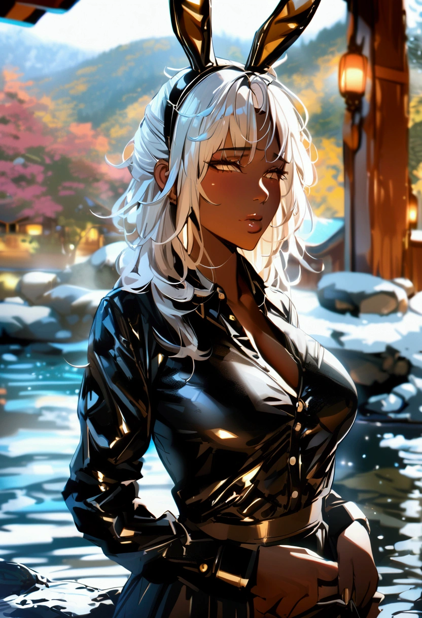 ((masterpiece)), ((Best Quality)), (Very detailed), ((Very detailed)), 4K, (8k), Dark Skin、Hair color platinum gold、Parted bangs、Hot Springs Inn、Black 皮の jacket、Black Shirt、Black Skirt、Golden bunny ears、(Huge cleavage)