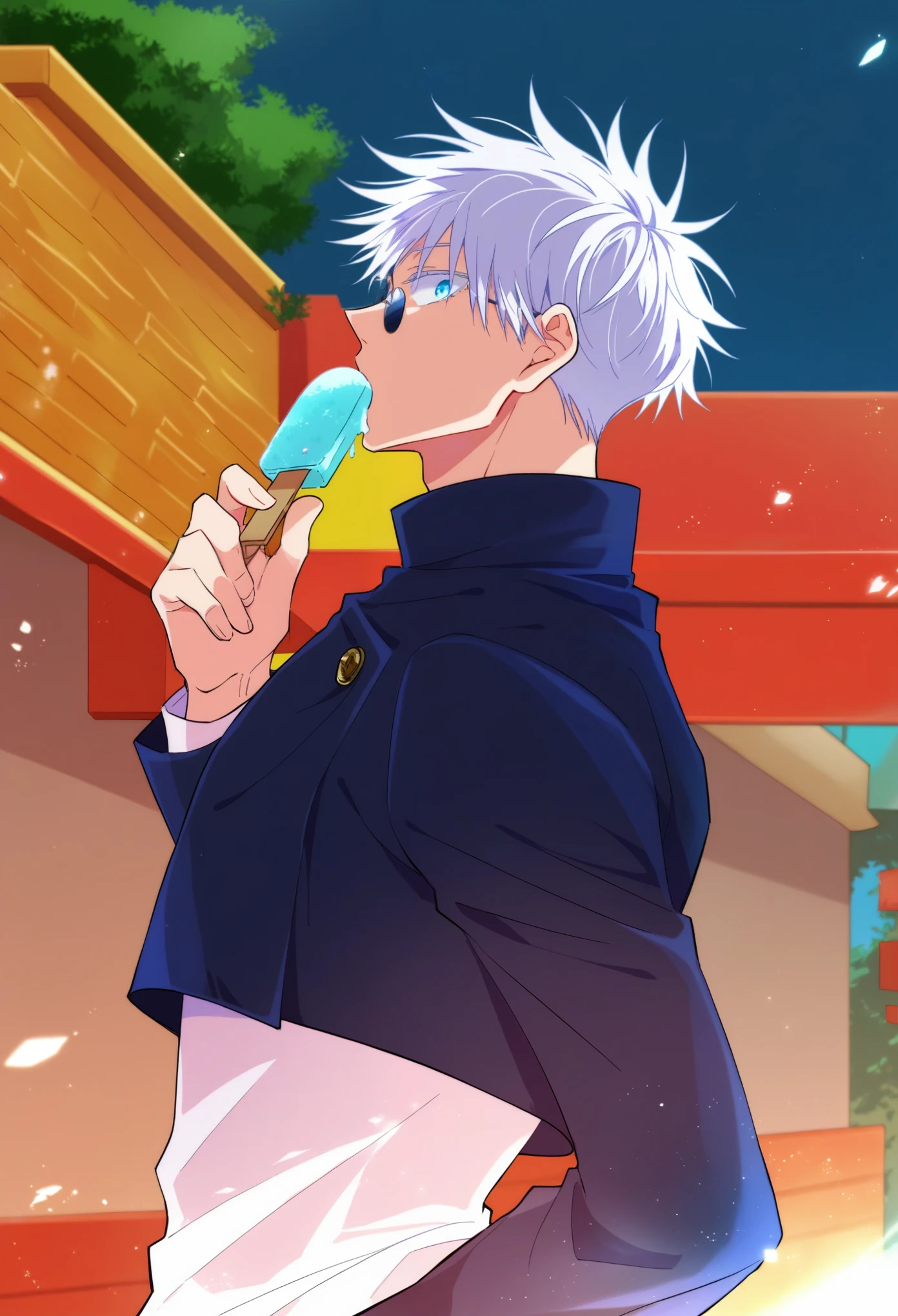 score_9, score_8_up, score_7_up, source_anime, jujutsu kaisen style, (gojou_satoru. gojou satoru), (1boy, solo), (18years old), upper body, (behind back, look back), (white hair, short hair), (blue eyes, sunglass), (school uniform, gakuran, black cropped jacket), (holding Ice Cream, eating Ice Cream), in the downtown