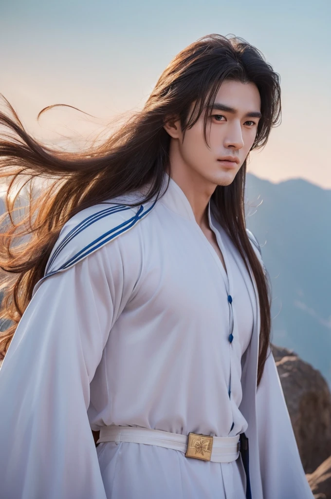 Xiao Zhan,Close-up of a man with long hair and white period costume, Xiao Zhan,Big handsome guy,Invincible big handsome guy,Unparalleled beauty,The eyes are very beautiful and pure,It's like a god descending from a mortal