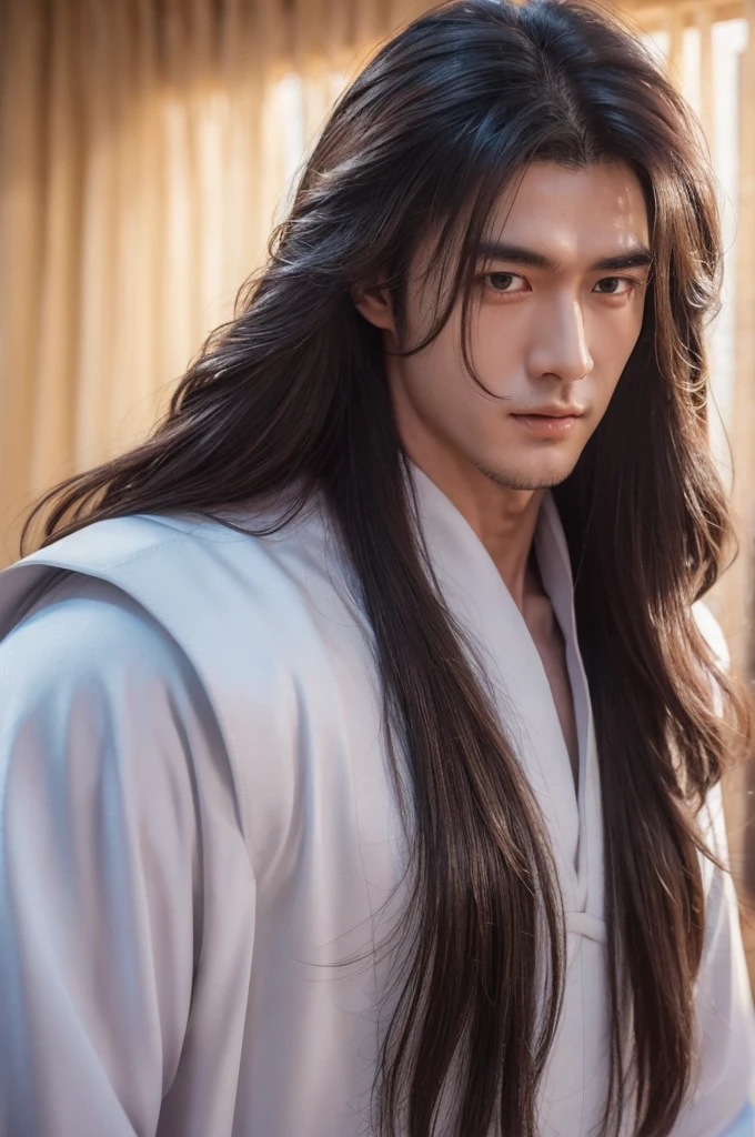 Xiao Zhan,Close-up of a man with long hair and white period costume, Xiao Zhan,Big handsome guy,Invincible big handsome guy,Unparalleled beauty,The eyes are very beautiful and pure,It's like a god descending from a mortal