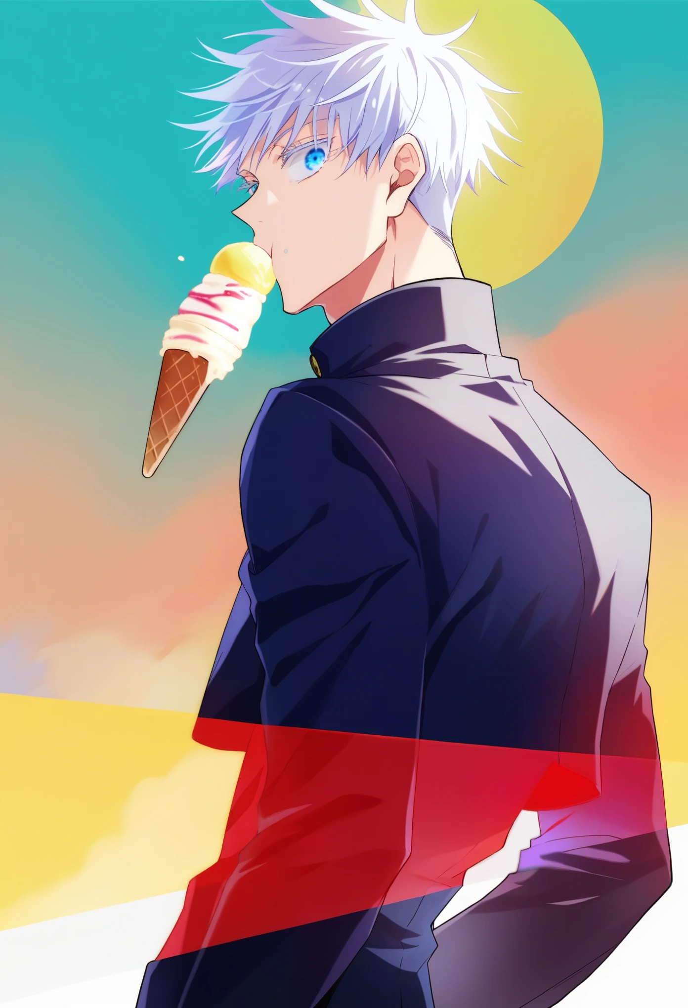 score_9, score_8_up, score_7_up, source_anime, jujutsu kaisen style, (gojou_satoru. gojou satoru), (1boy, solo), (18years old), upper body, (behind back, look back), (white hair, short hair), (blue eyes, sunglass), (school uniform, gakuran, black cropped jacket), (holding Ice Cream, eating Ice Cream), in the downtown