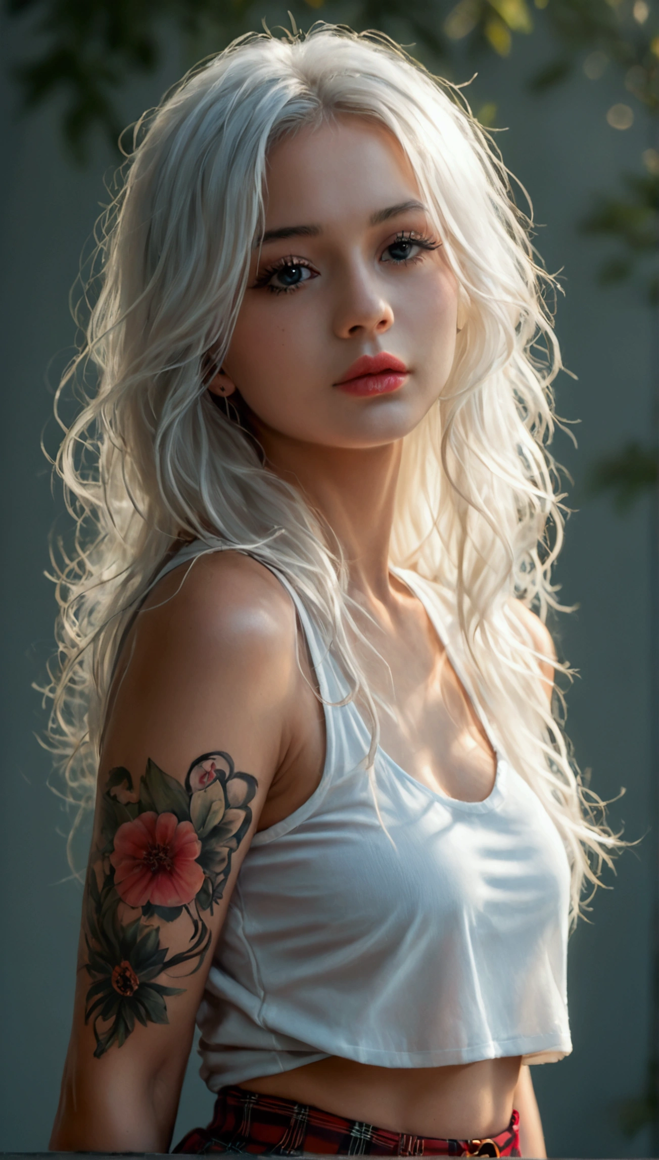 score_9, score_8_up, score_7_up, photorealistic, high resolution, soft lights, 1 woman, 2, solo, hips up, beautiful detailed eyes, beautiful detailed lips, extremely detailed eyes and face, long eyelashes, white hair, long hair, jewelry, tattoo, t-shirt, plaid skirt, photo-realistic, 8k, realistic, HDR, vivid colors, studio lighting, fine details, concept art