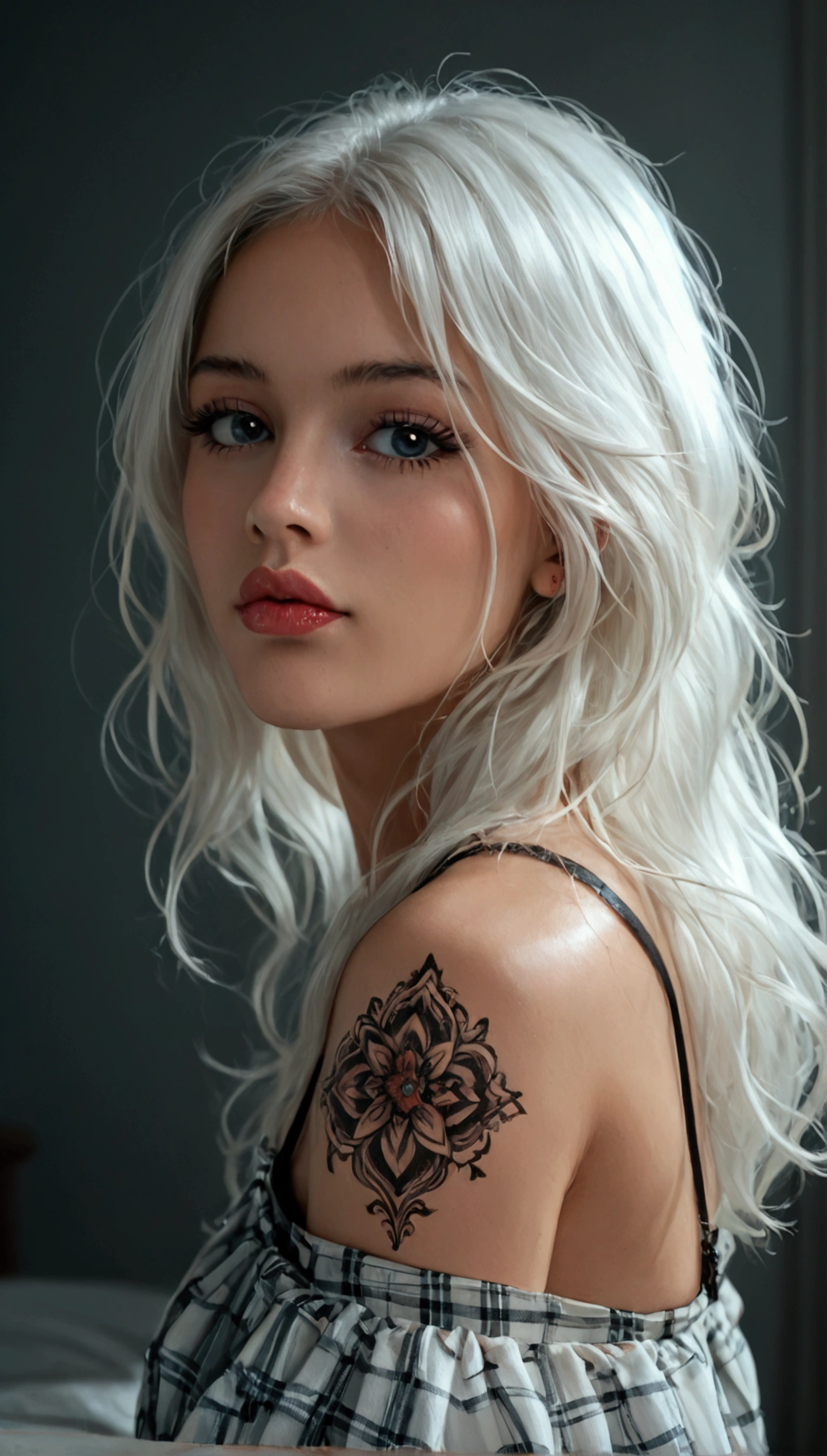 score_9, score_8_up, score_7_up, photorealistic, high resolution, soft lights, 1 woman, 2, solo, hips up, beautiful detailed eyes, beautiful detailed lips, extremely detailed eyes and face, long eyelashes, white hair, long hair, jewelry, tattoo, t-shirt, plaid skirt, photo-realistic, 8k, realistic, HDR, vivid colors, studio lighting, fine details, concept art