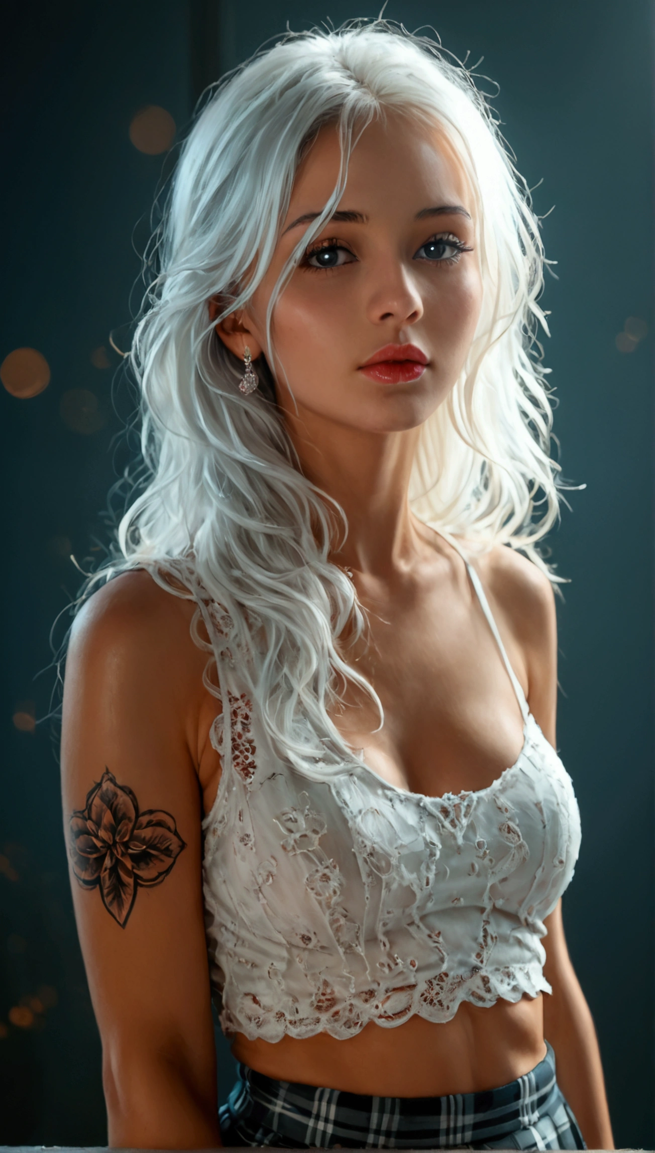 score_9, score_8_up, score_7_up, photorealistic, high resolution, soft lights, 1 woman, 2, solo, hips up, beautiful detailed eyes, beautiful detailed lips, extremely detailed eyes and face, long eyelashes, white hair, long hair, jewelry, tattoo, t-shirt, plaid skirt, photo-realistic, 8k, realistic, HDR, vivid colors, studio lighting, fine details, concept art