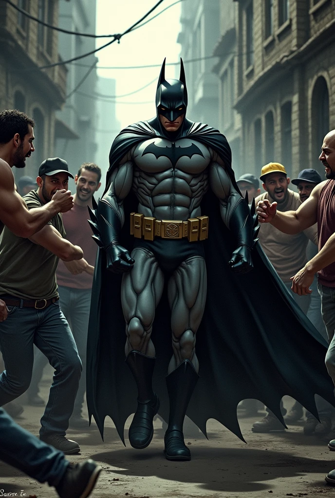 Create the front image of a superhero with a black mask, capybara necklace, handling sewage on top of a dirty river in the city of Itabuna-Bahia, saving two people running from thieves, accompanied by a capybara and eating a jackfruit
