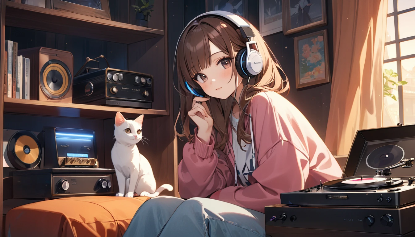 ONLY 1 anime girl lying in bed with headphones and cat lying in bed, lofi girl, lofi artstyle, lofi feel, lofi, lofi girl aesthetic, lofi vibe, lofi aesthetic, lofi vibes, lofi colors, lofi portrait, lofi hip hop