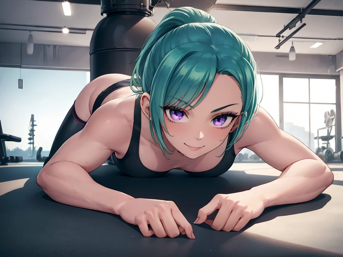 Muscular Beautiful Girl, 1girl, ((solo)), fighting pose, wet, (lie face down, push ups training:1.5), (She lies on her stomach and stretches her legs), gym in the background, view audience, front of view, high ponytail, black armor, hot pants, short pants, smile, mastepiece, best quality, 8K, Super detailed, perfect face, detailed eyes, hard lighting, dynamic shadow, increase depth of field,