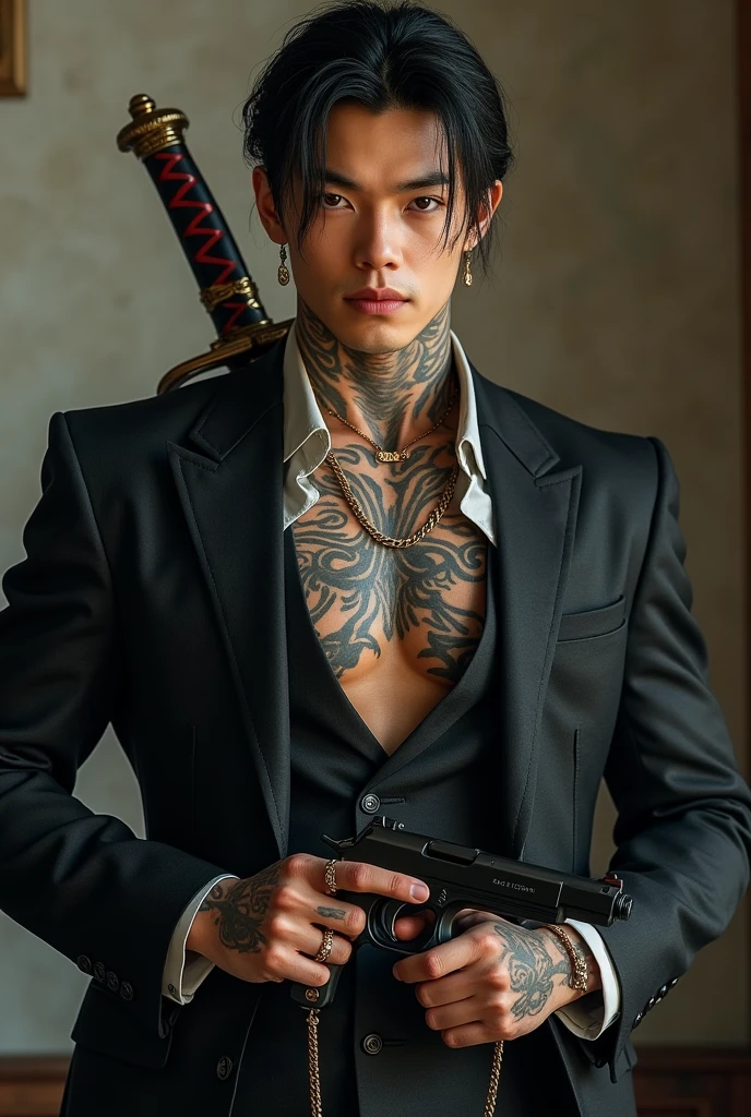 Boy with half black and half purple hair with purple eyes and a black patch of a rose with black lips dressed in a sexy yukata showing his chest and torso pointing a gun to his head with piercings and tattoos in the background a dark dojo