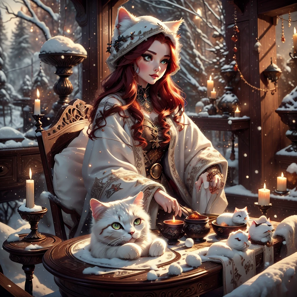 a snow cat feline woman, witch outfit, beautiful detailed eyes, beautiful detailed lips, extremely detailed face, long eyelashes, floating magic particles, red hair, sumptuous red tail, flowing dark coat, dark smokey eyes, porcelain skin, sunlight streaming through trees, lush forest background, warm color palette, cinematic lighting, 8k, high quality, detailed, photorealistic