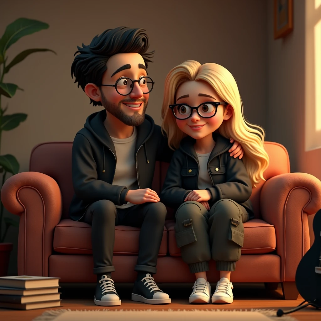 
create image in disney pixar cartoon style of a couple in a cabin on a sofa with blankets on their legs in front of a fireplace with fire she in a pink babydol he in a white t-shirt, she is blonde, green eyes, curly blonde hair and black glasses, he has a short beard, green eyes, messy black hair, average build