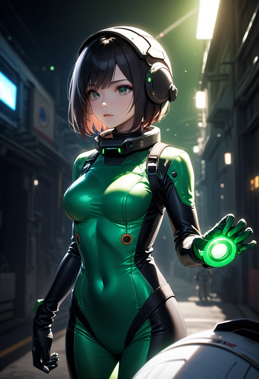 Short Hair, street, Emo, Black Hair, White Eyes, Eyeliner,(Astronaut, girl,  Reinforced Suit, ((green:1.5) Plug Suit), Short Hair, Cinematic Light, Medium sized breasts, Covered navel, Space Helmet, Mvrów, Space Helm, Eva Helmet, (Show your hand:1.6), (hold one&#39;s head:1.7), Upper Body,Place your hands on your head