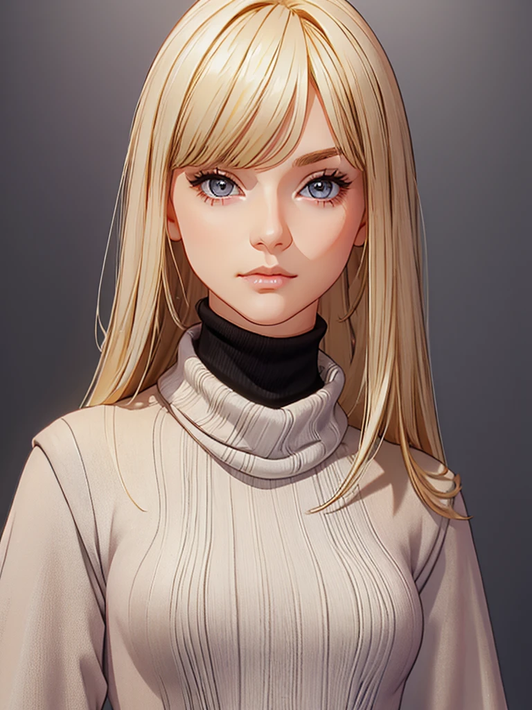 (best quality), 1girl, female, porcelain skin, blonde hair, straight hair, bangs, medium hair, swoopy tips, brown eyes, perfect eyes, black turtleneck, jeans, skinny body, petite, small bust, shy, masterpiece, anatomically correct, highres
